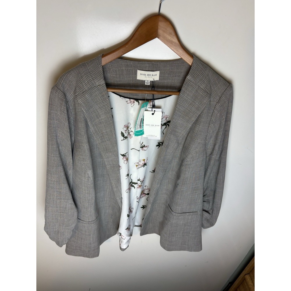 Skies Are Blue Curvy Raja Printed Collarless Blazer Womens 2X Gray Plaid NWT